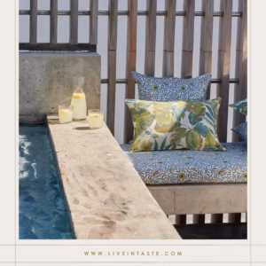 Elegant outdoor seating area with vibrant blue and green cushions, showcasing smart use of space and style—perfect for interior design for homes in Paarl.